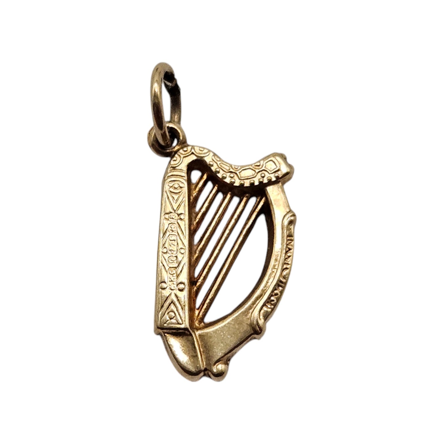 9ct 375 Yellow Gold Harp Charm 1966 L 1.5 cm 0.6 g.