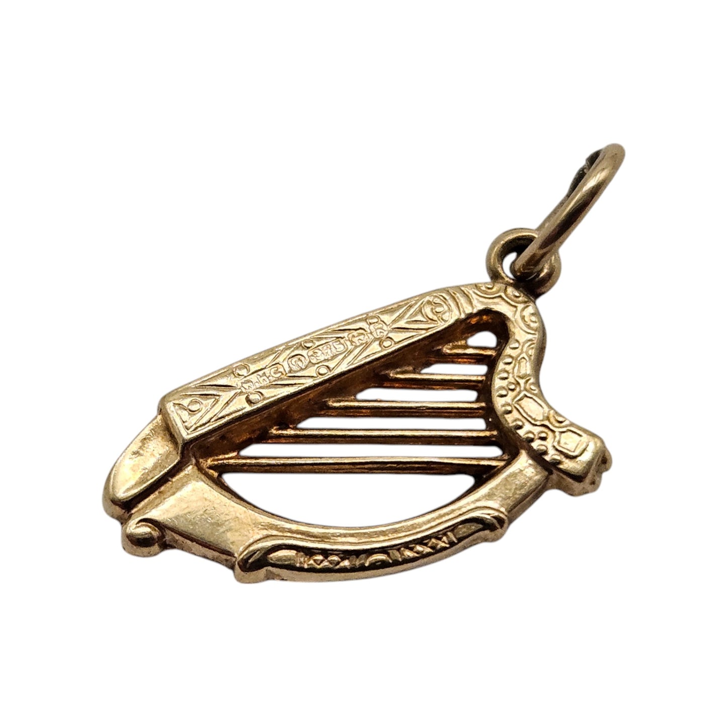 9ct 375 Yellow Gold Harp Charm 1966 L 1.5 cm 0.6 g.