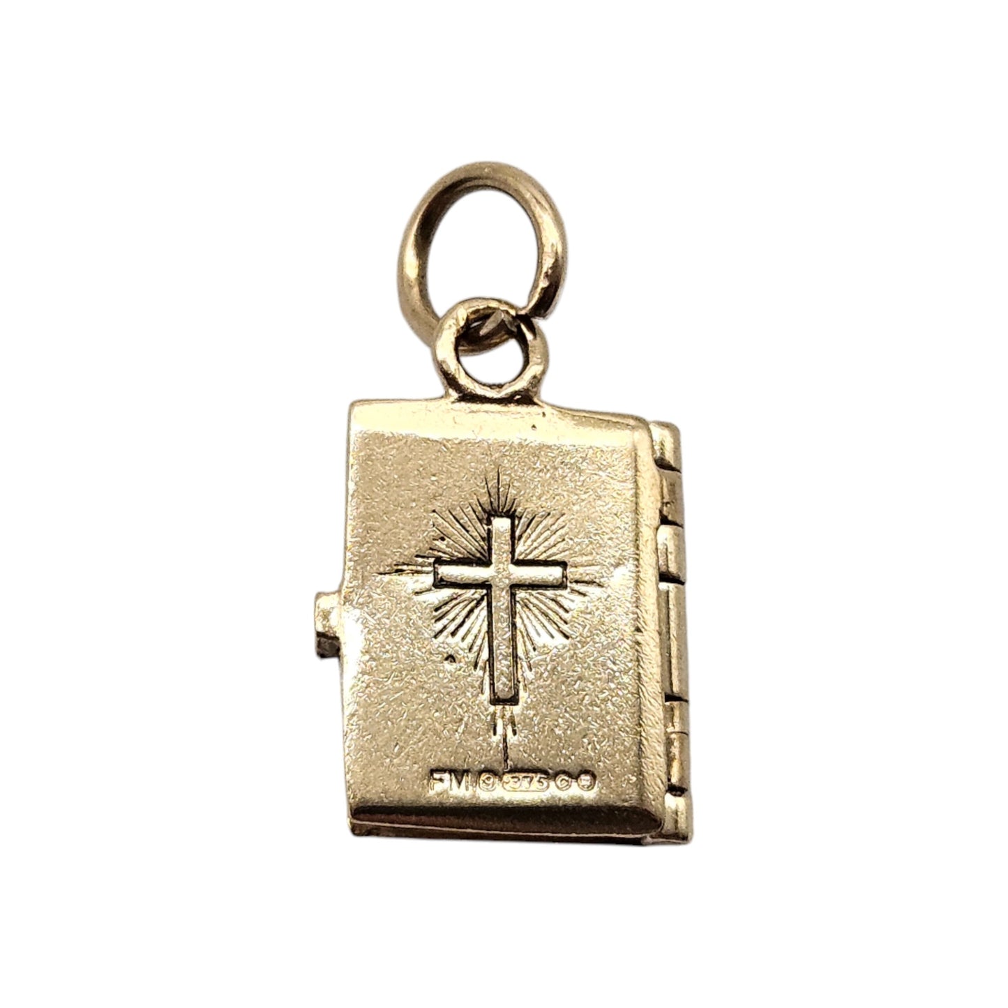 9ct 375 Yellow Gold Holy Bible Opening Charm 1969 L 1.2 cm 3.1 g.