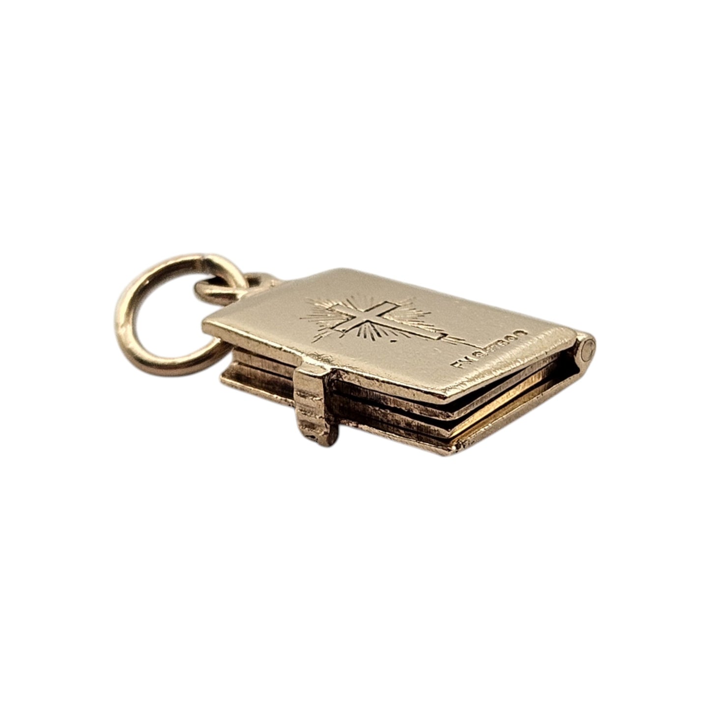 9ct 375 Yellow Gold Holy Bible Opening Charm 1969 L 1.2 cm 3.1 g.