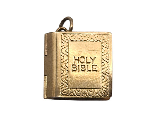 9ct 375 Yellow Gold Holy Bible Opening Charm 1979 L 1.4 cm 2.1 g.