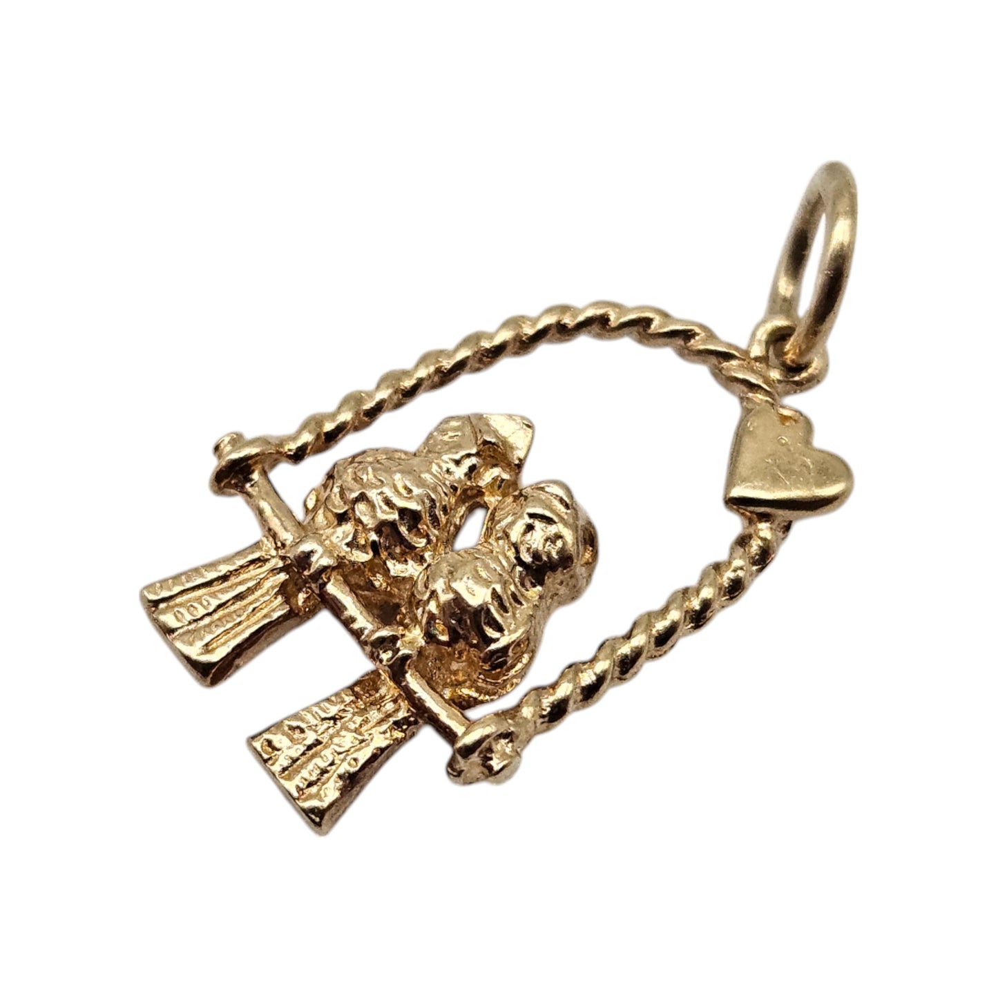 9ct 375 Yellow Gold Birds on Swing Sweetheart Charm L 1.6 cm 1.7 g.