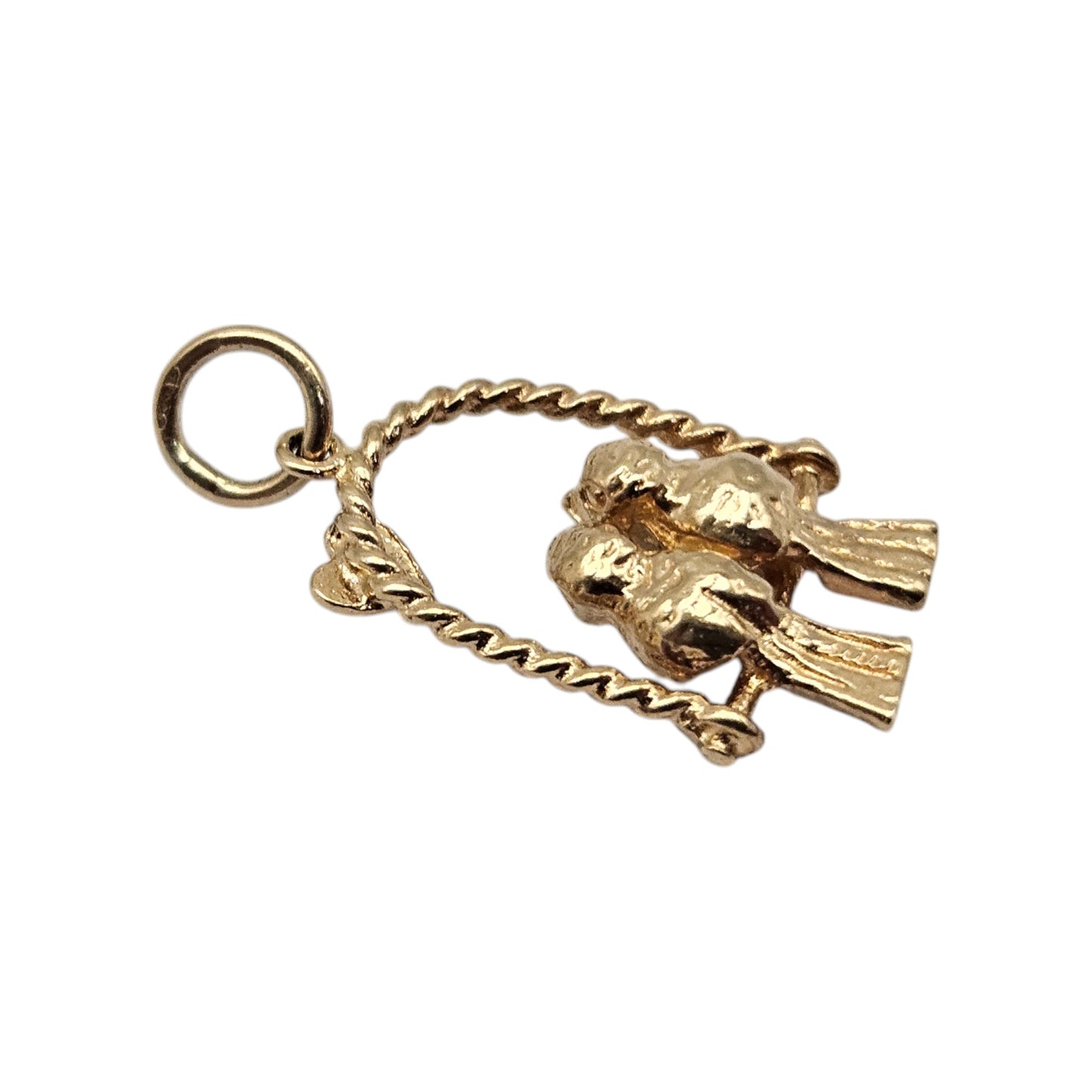 9ct 375 Yellow Gold Birds on Swing Sweetheart Charm L 1.6 cm 1.7 g.