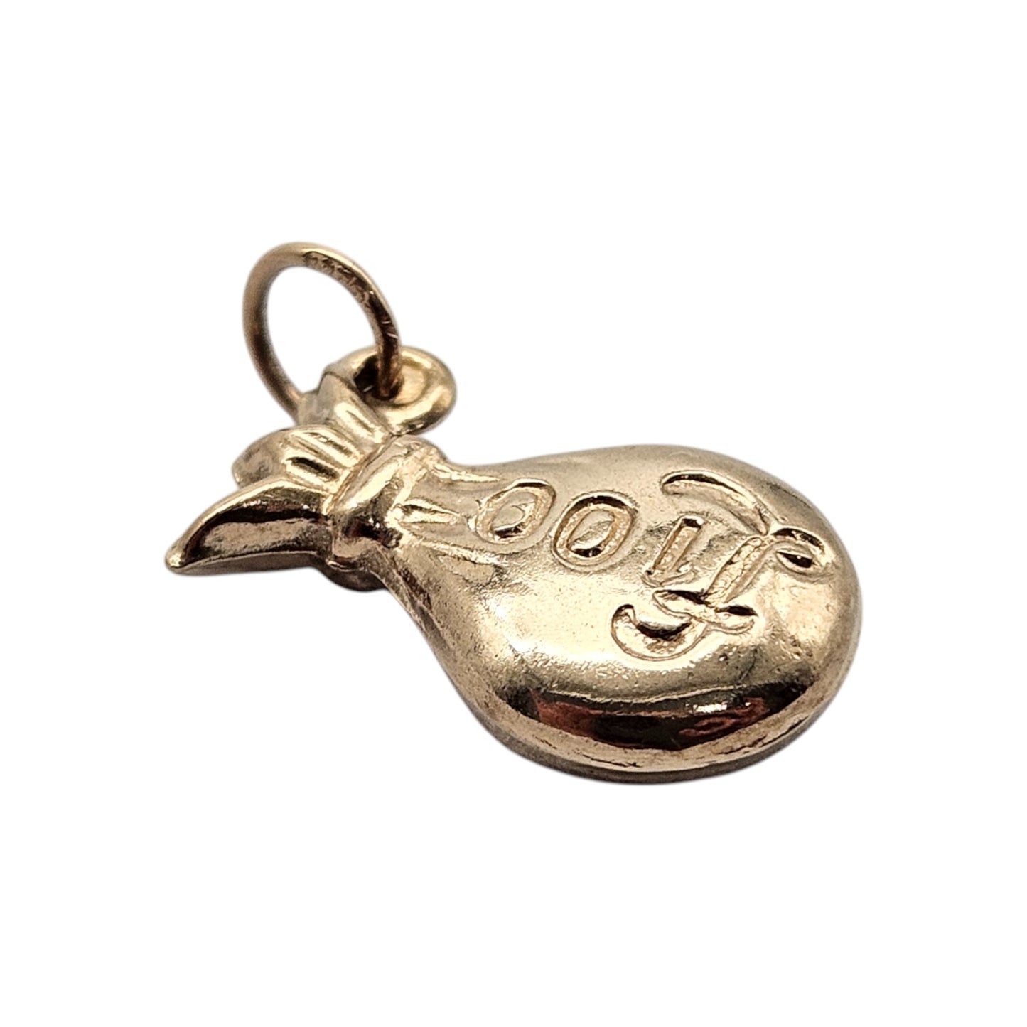 9ct 375 Yellow Gold £100 Money Bag Charm 1958 L 1.4 cm 0.6 g.