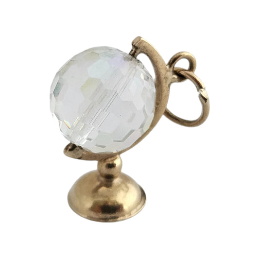 9ct 375 Yellow Gold Spinning Globe Charm with Faceted Crystal 1972 L 1.6 cm 2.3 g.