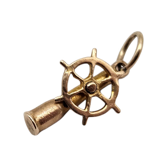 Unusual 9ct Yellow Gold Nautical Telescope & Ships Wheel Articulated Charm 1950
