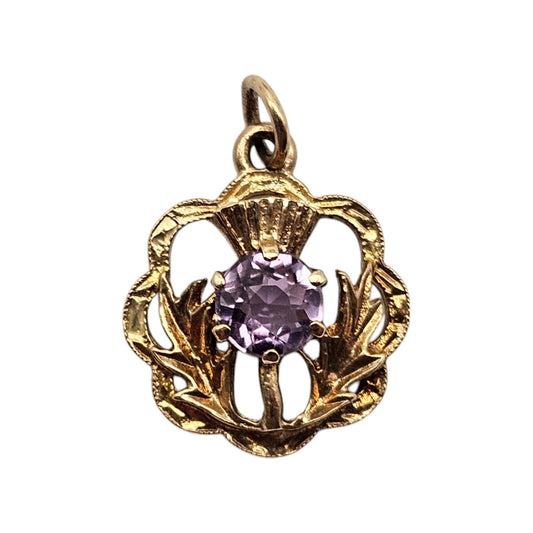 9ct 375 Yellow Gold Thistle With Amethyst Charm 1962 L 1.4 cm 1.7 g