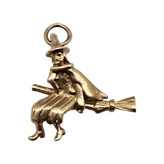 9ct 375 Yellow Gold Witch On A Broomstick Charm c.1972