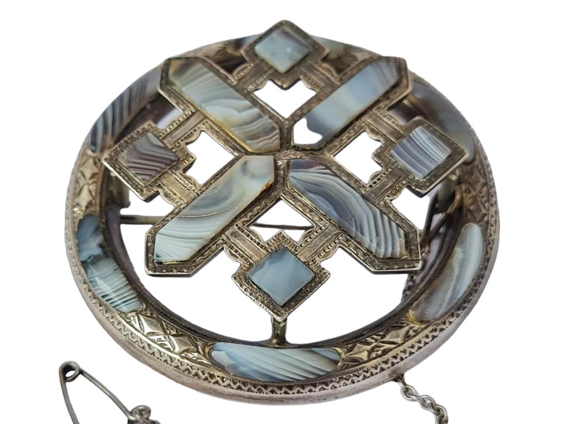 Antique Large Silver & Hard Polished Stones Brooch c.1900 Dia 4.5 cm