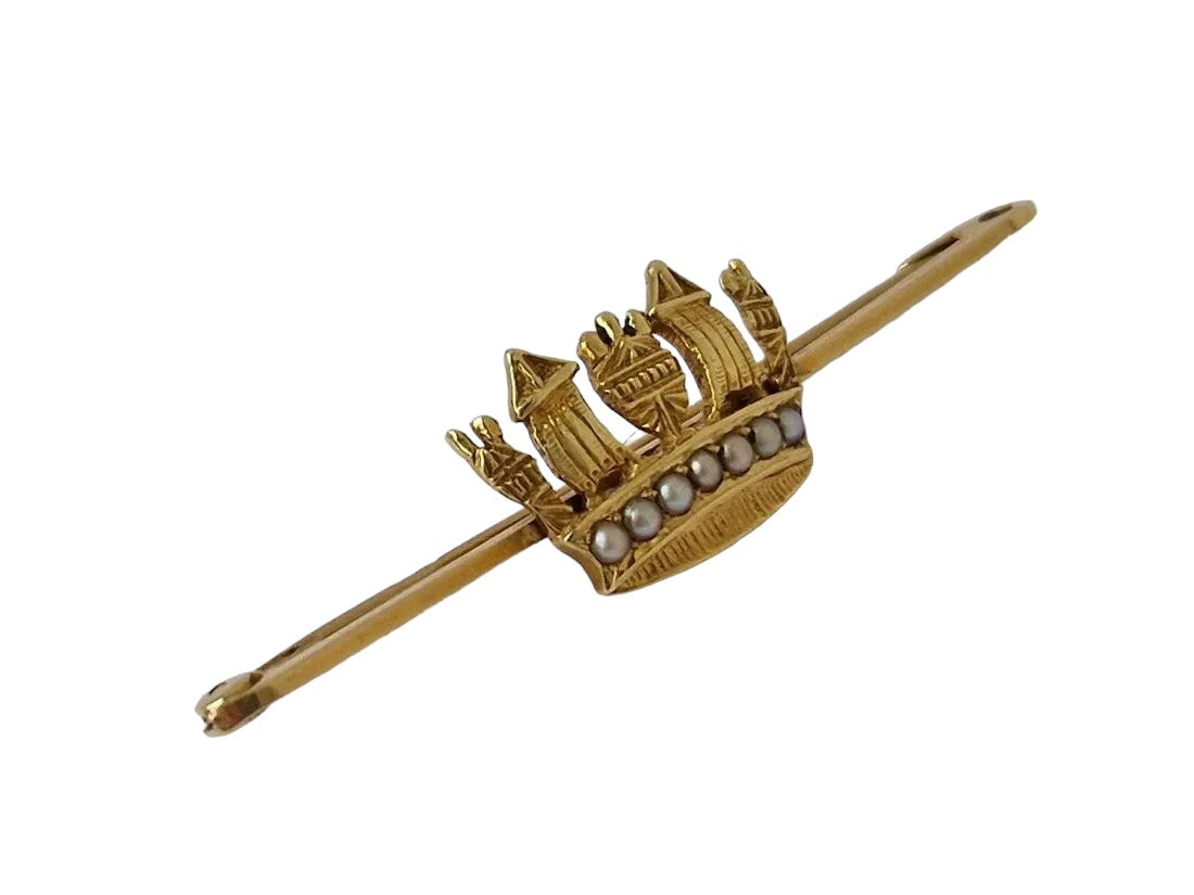 15ct Yellow Gold Crown Brooch with Pearls c.1920's L 4.9 cm 3.9 g