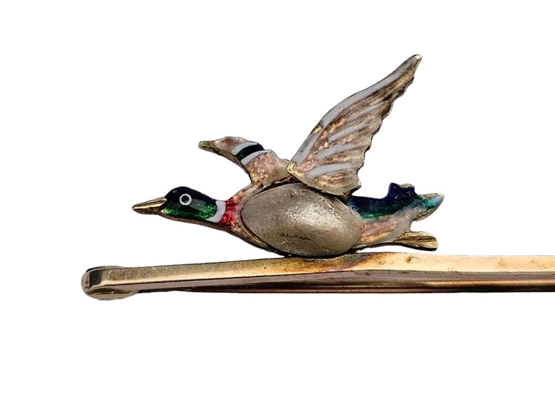 Antique Edwardian 15ct Yellow Gold & Enamel Duck Brooch c.1910 L 4.9 cm 3.3 g