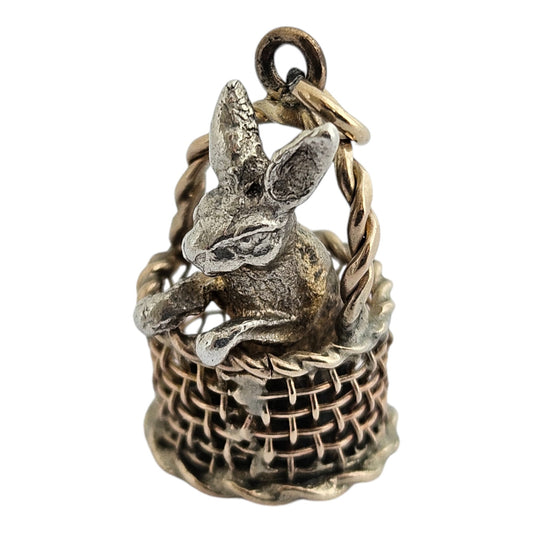 Novelty Victorian 9ct & Silver Rabbit in a Basket Charm c.1890's L 1.8 cm 3.9 g
