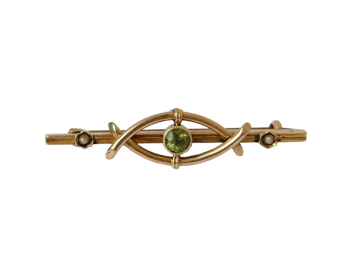 Antique 15ct Yellow Gold Brooch with Peridot & Pearls c.1915 2.2 g