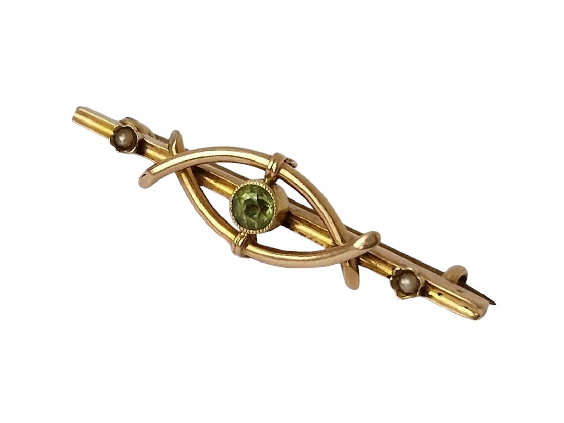 Antique 15ct Yellow Gold Brooch with Peridot & Pearls c.1915 2.2 g