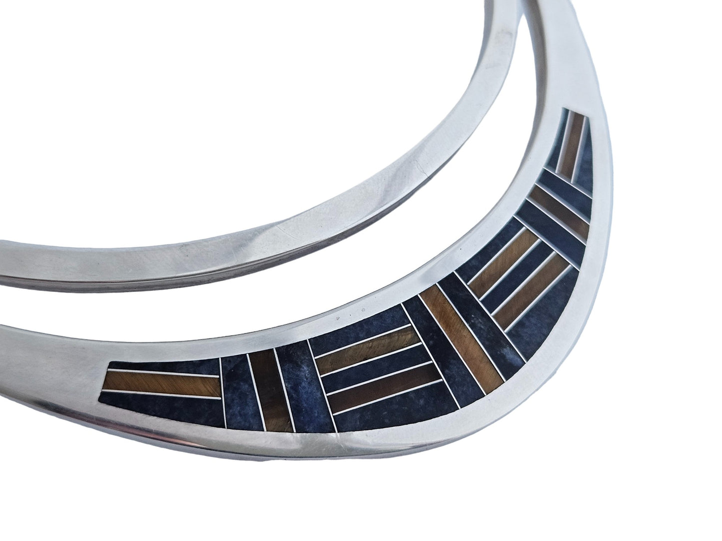 Solid Sterling Silver Chocker Necklace with Tiger's Eye & Lapis Panels 134 g