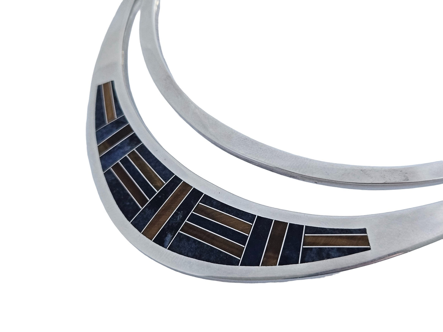 Solid Sterling Silver Chocker Necklace with Tiger's Eye & Lapis Panels 134 g