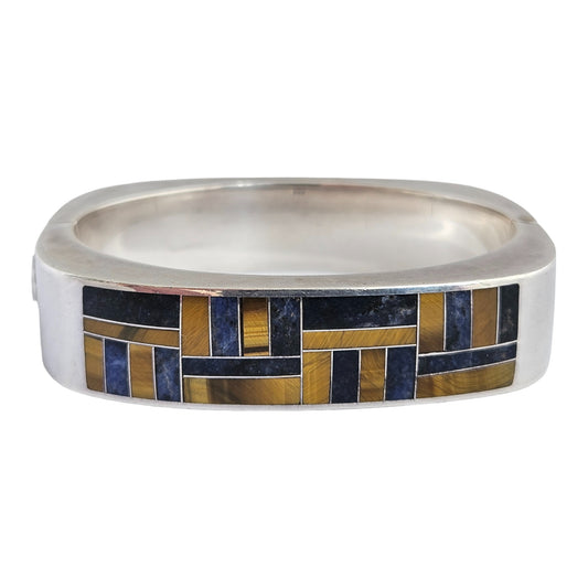 Solid Sterling Silver Hinged Bangle with Tiger's Eye & Lapis Panels 86 g