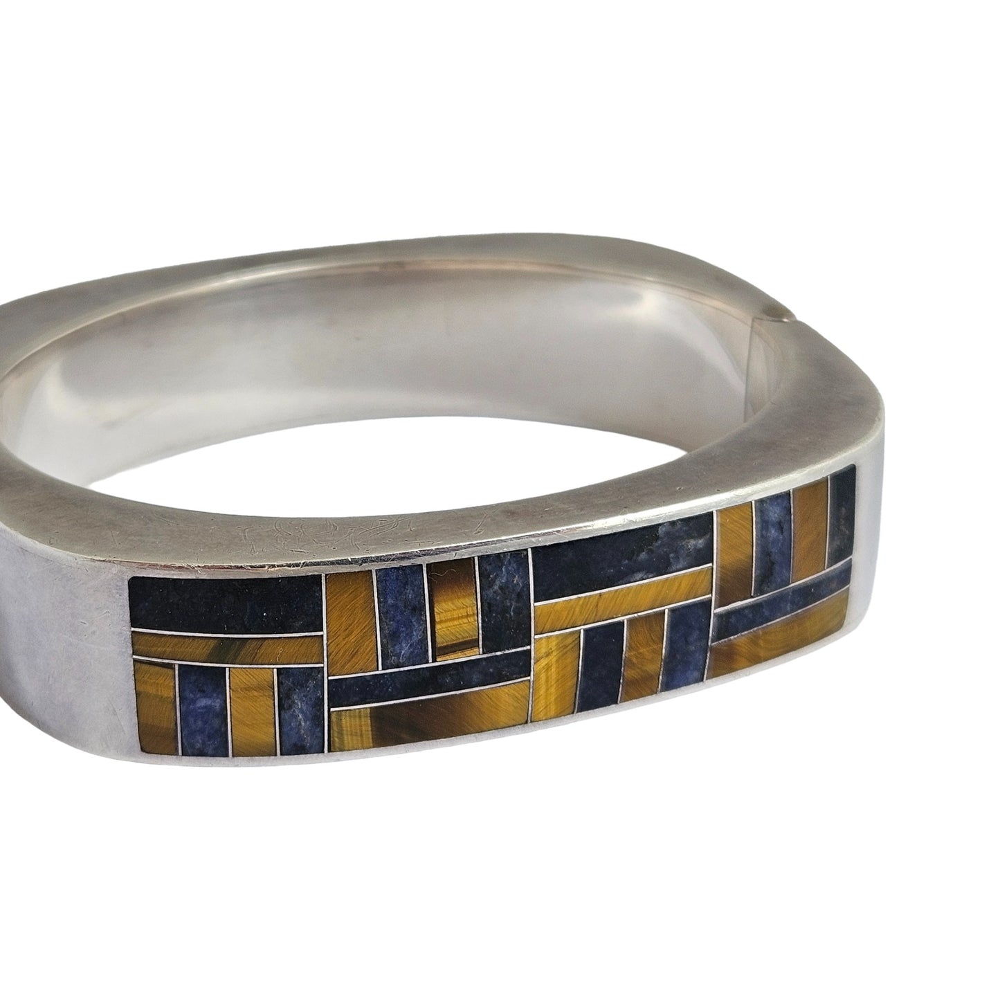 Solid Sterling Silver Hinged Bangle with Tiger's Eye & Lapis Panels 86 g