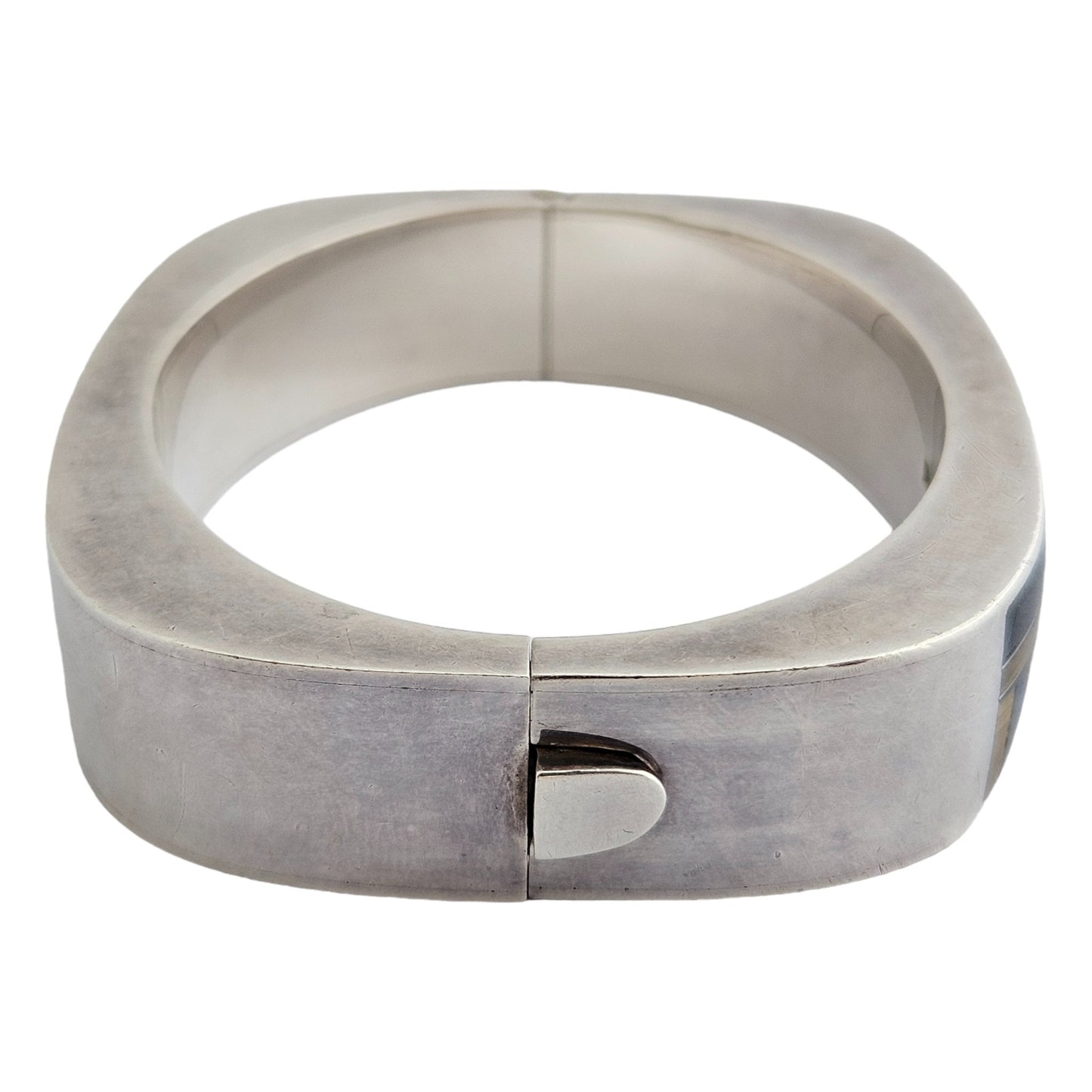Solid Sterling Silver Hinged Bangle with Tiger's Eye & Lapis Panels 86 g