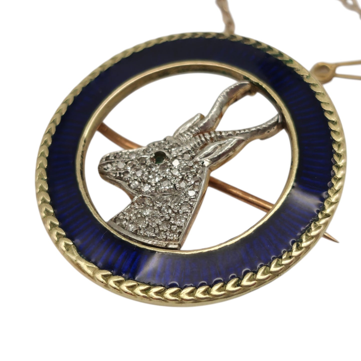 Antique 15ct Gold & Enamel Springbok Brooch With Diamonds c.1900 L 2.9 cm 9.3 g.