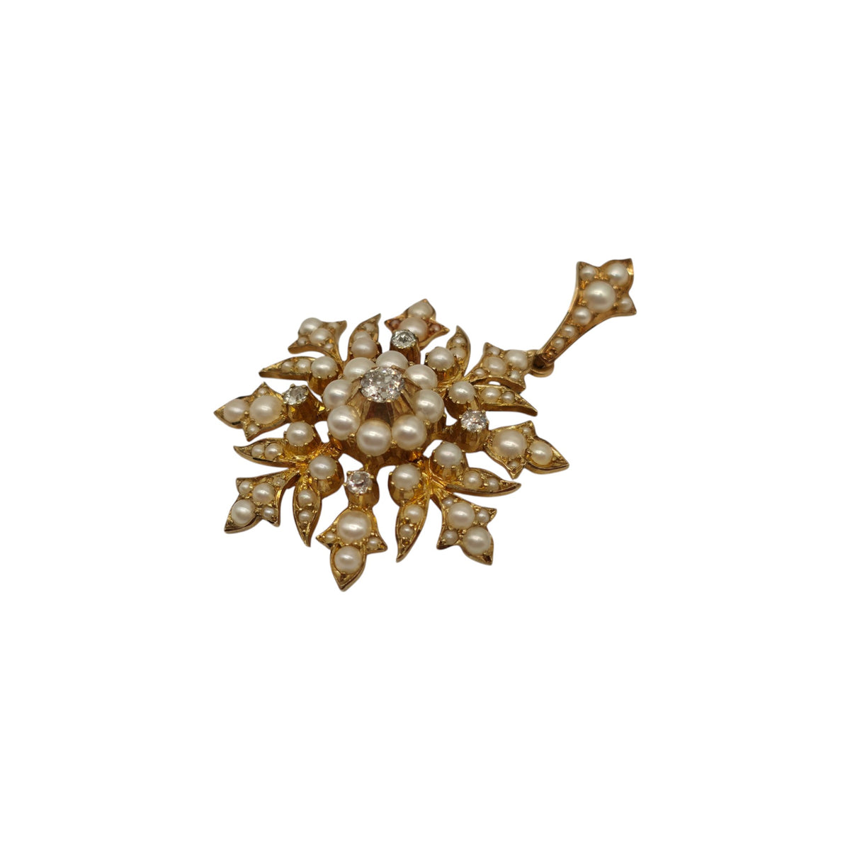 Victorian 15ct Yellow Gold Convertible Starburst Pendant Brooch With Pearls & Diamonds L 4.4 cm 11.4 g.