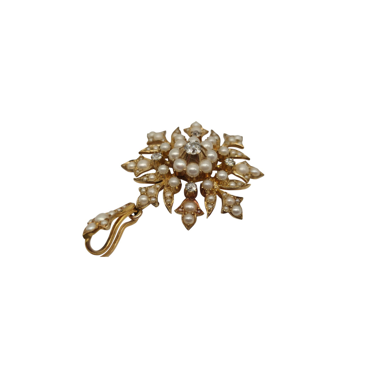 Victorian 15ct Yellow Gold Convertible Starburst Pendant Brooch With Pearls & Diamonds L 4.4 cm 11.4 g.