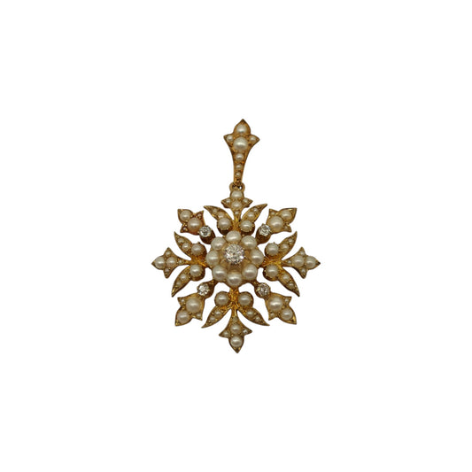 Victorian 15ct Yellow Gold Convertible Starburst Pendant Brooch With Pearls & Diamonds L 4.4 cm 11.4 g.