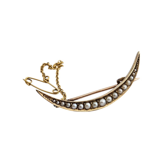 Antique 15ct Yellow Gold Crescent Brooch with Seed Pearls c.1900 L 3.7 cm 2.2 g