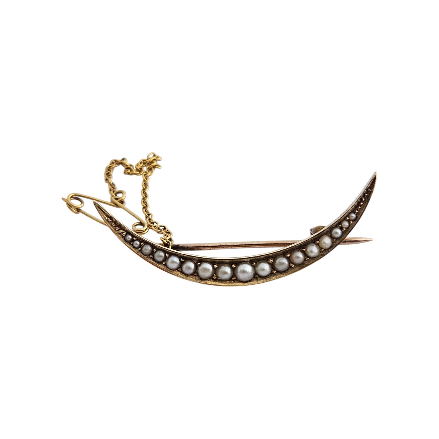 Antique 15ct Yellow Gold Crescent Brooch with Seed Pearls c.1900 L 3.7 cm 2.2 g