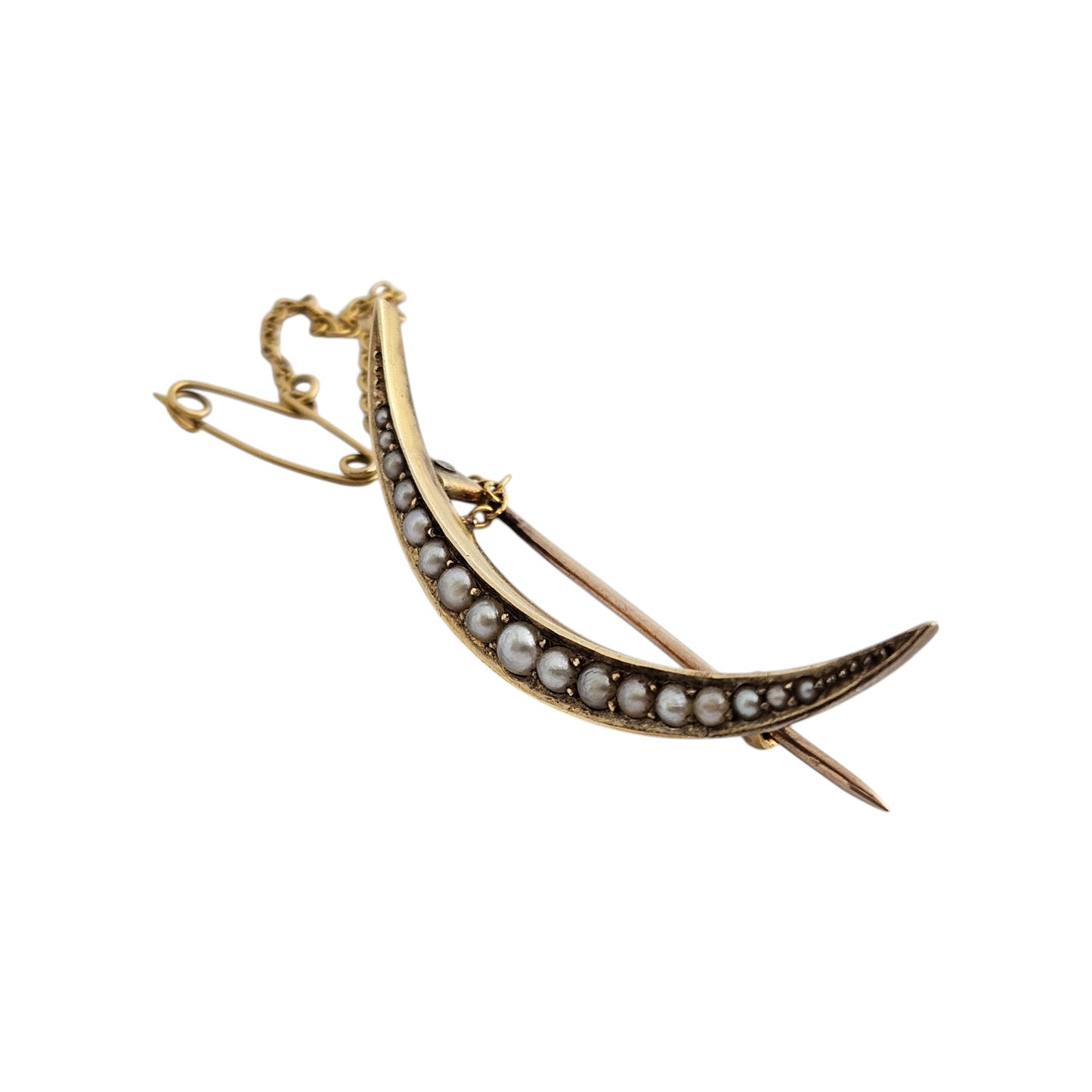 Antique 15ct Yellow Gold Crescent Brooch with Seed Pearls c.1900 L 3.7 cm 2.2 g