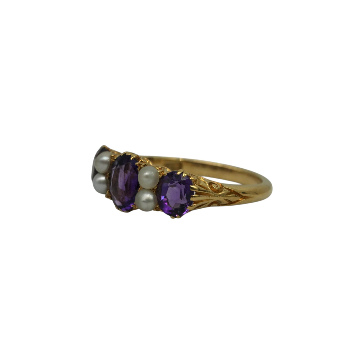 Antique 18ct Yellow Gold Amethysts & Pearls Ring c.1900 Size M 4.3 g.