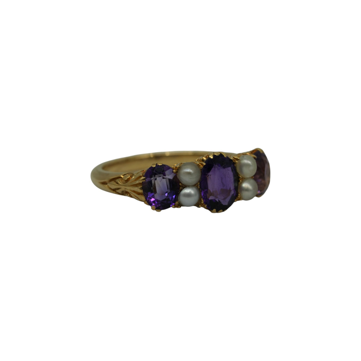 Antique 18ct Yellow Gold Amethysts & Pearls Ring c.1900 Size M 4.3 g.