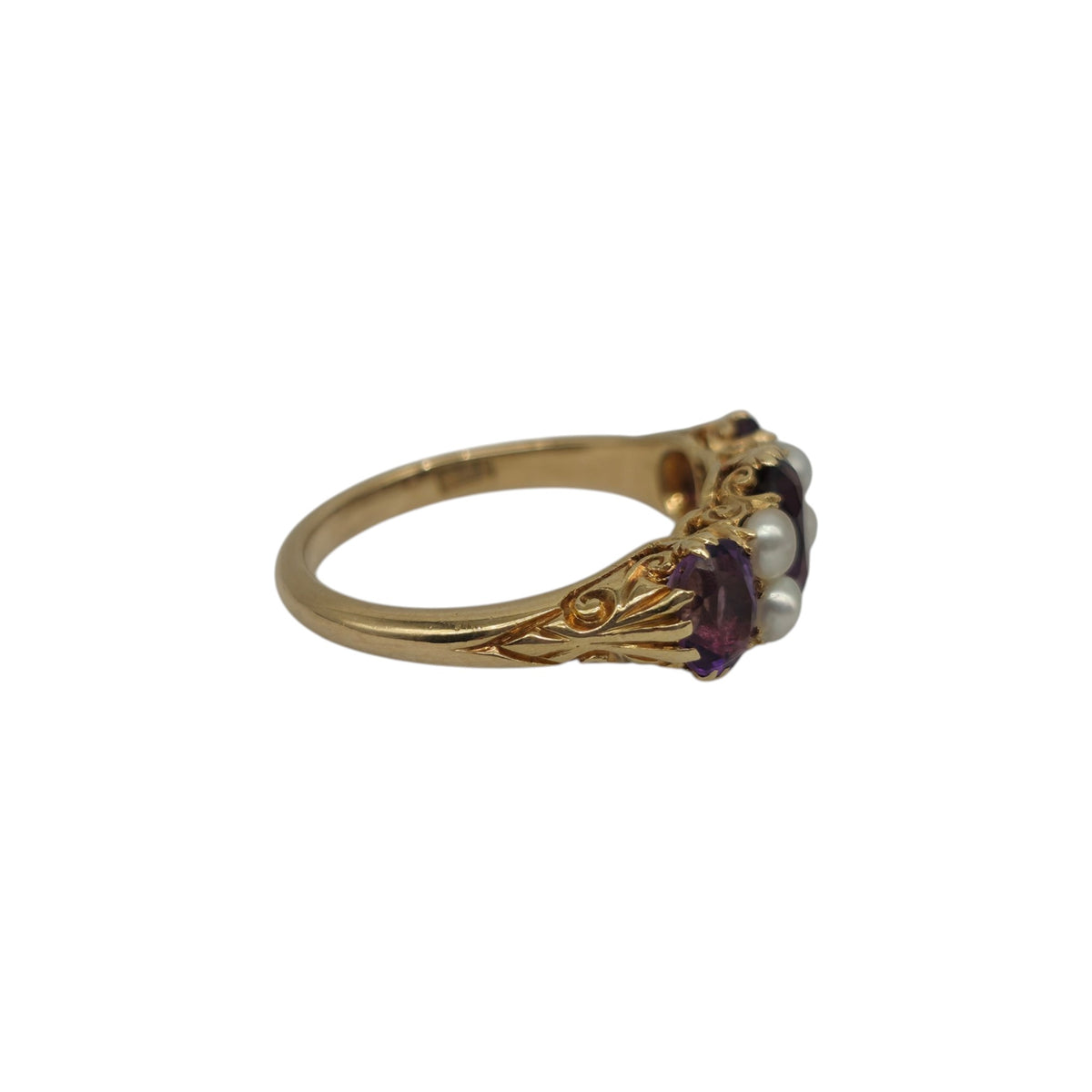 Antique 18ct Yellow Gold Amethysts & Pearls Ring c.1900 Size M 4.3 g.