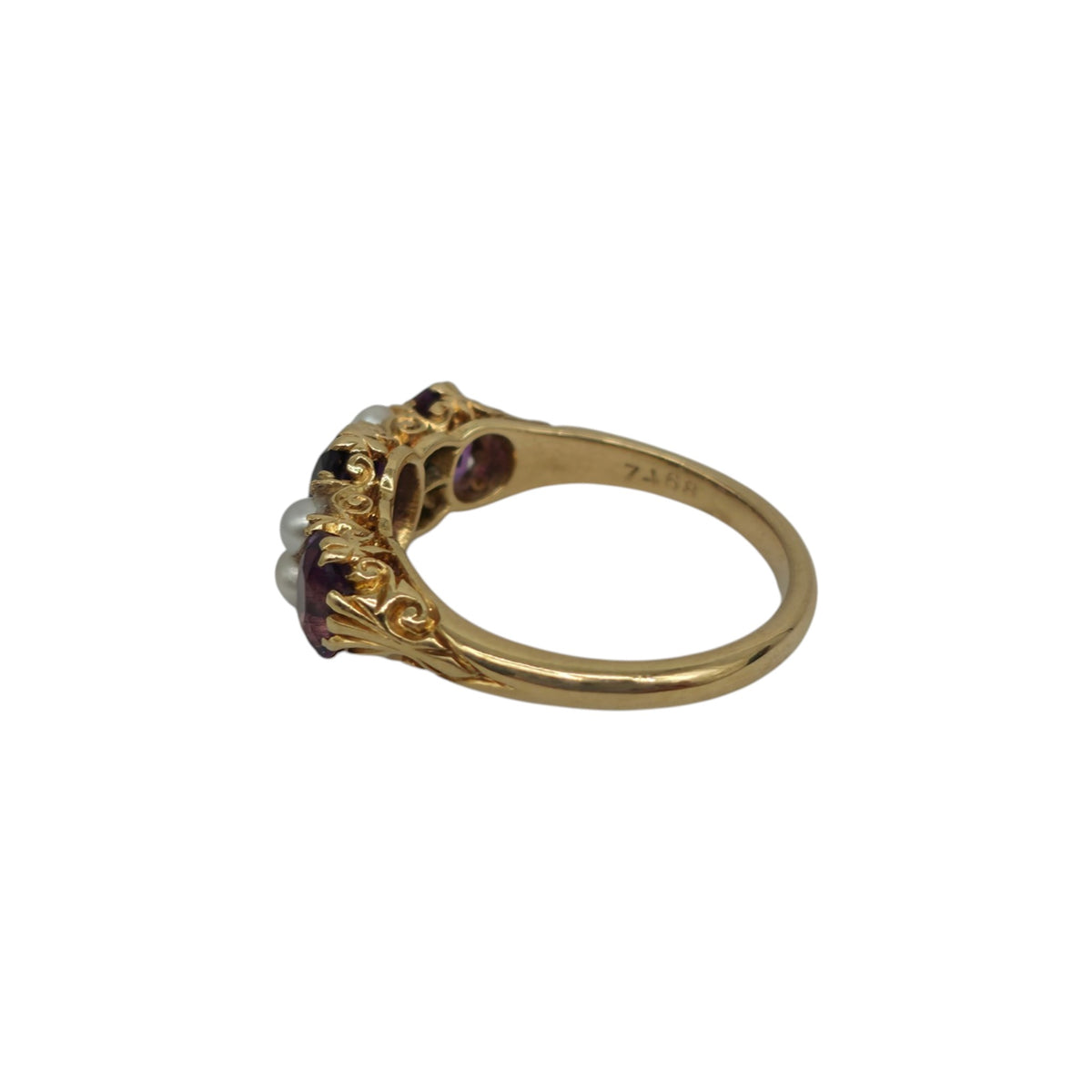 Antique 18ct Yellow Gold Amethysts & Pearls Ring c.1900 Size M 4.3 g.