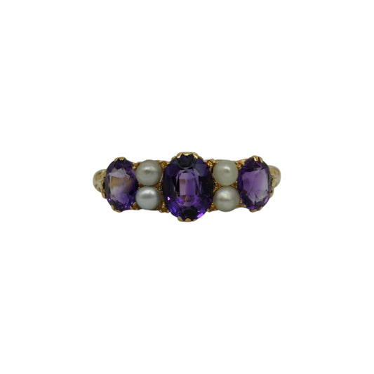 Antique 18ct Yellow Gold Amethysts & Pearls Ring c.1900 Size M 4.3 g.