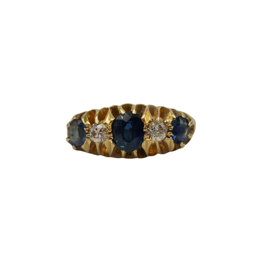 Antique 18ct 750 Yellow Gold Sapphires & Diamonds Ring 1915 Size M 1/2 4.2 g.