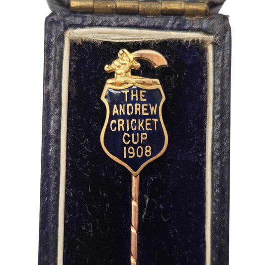 Edwardian 9ct Gold & Enamel Cricket Stick Pin 1908 In A Box By Mappin & Webb