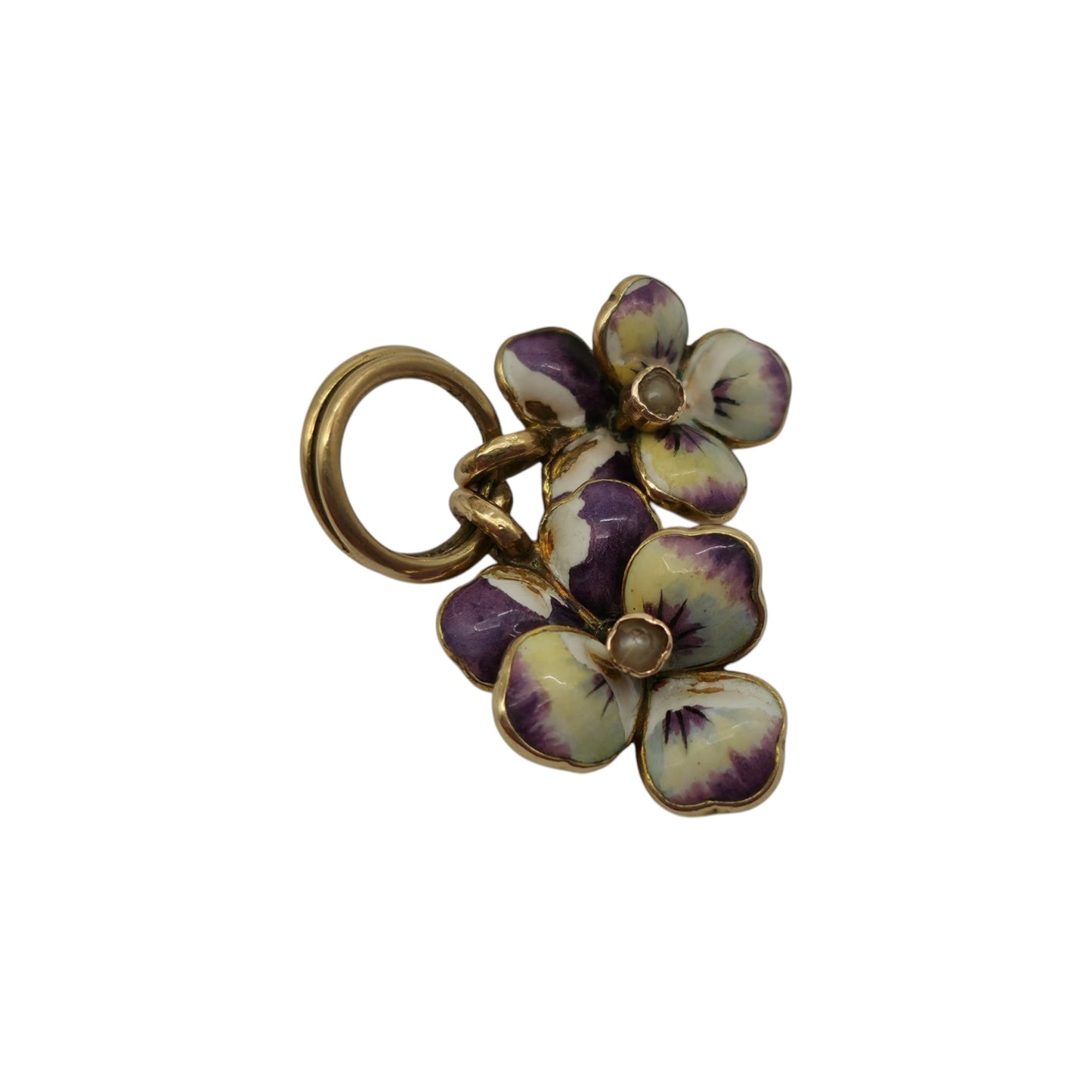 Art Nouveau Pair Of 15ct Gold & Enamel Pansy Flower Charms c.1900