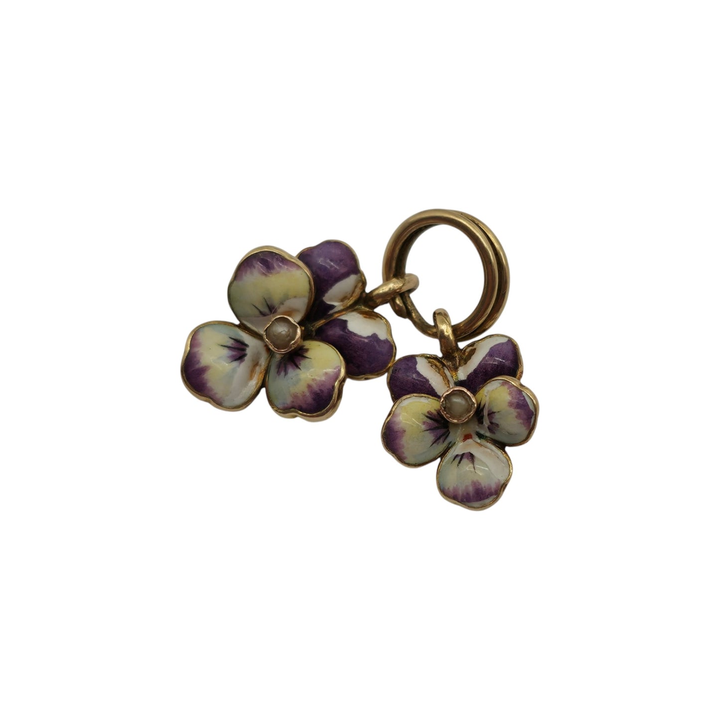 Art Nouveau Pair Of 15ct Gold & Enamel Pansy Flower Charms c.1900