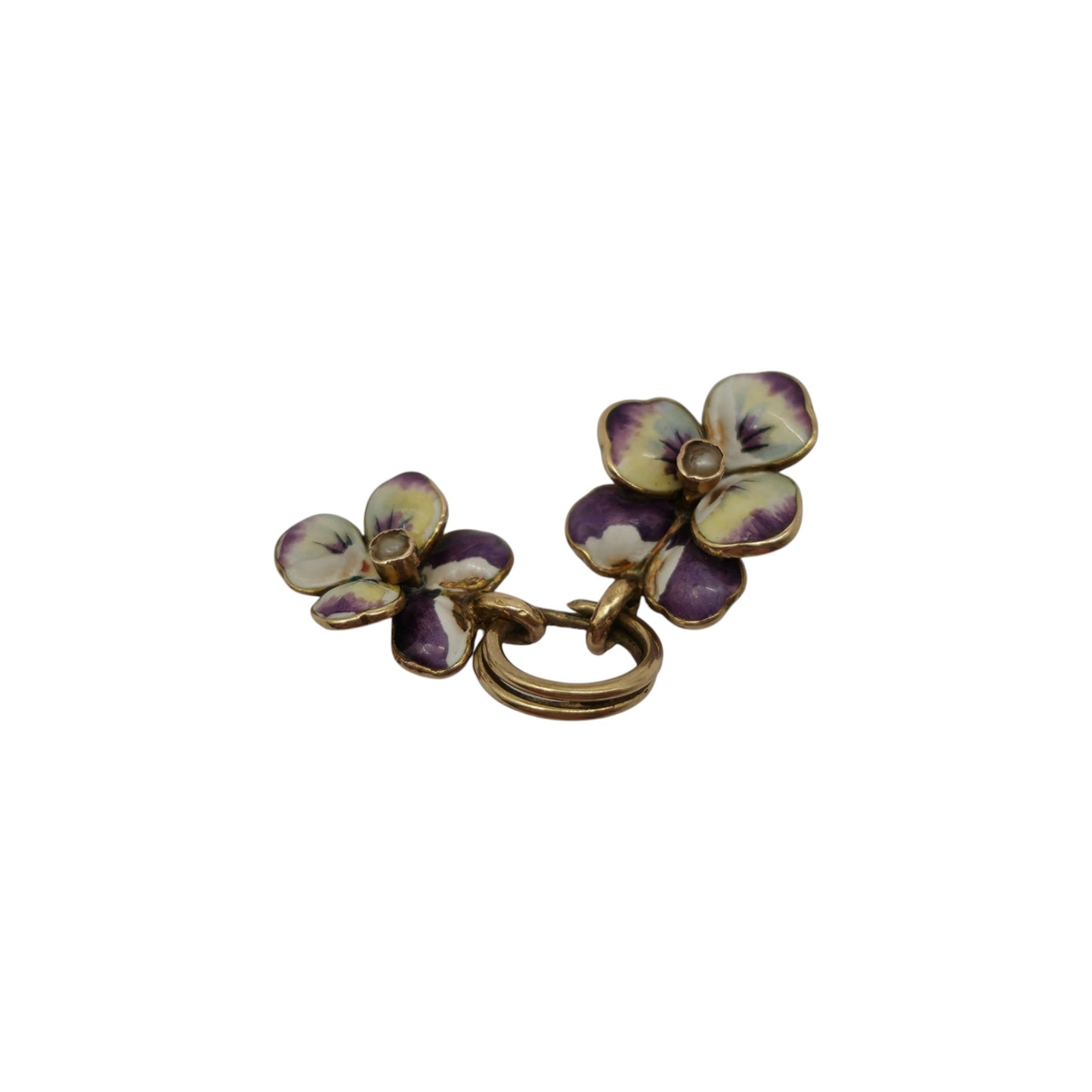 Art Nouveau Pair Of 15ct Gold & Enamel Pansy Flower Charms c.1900