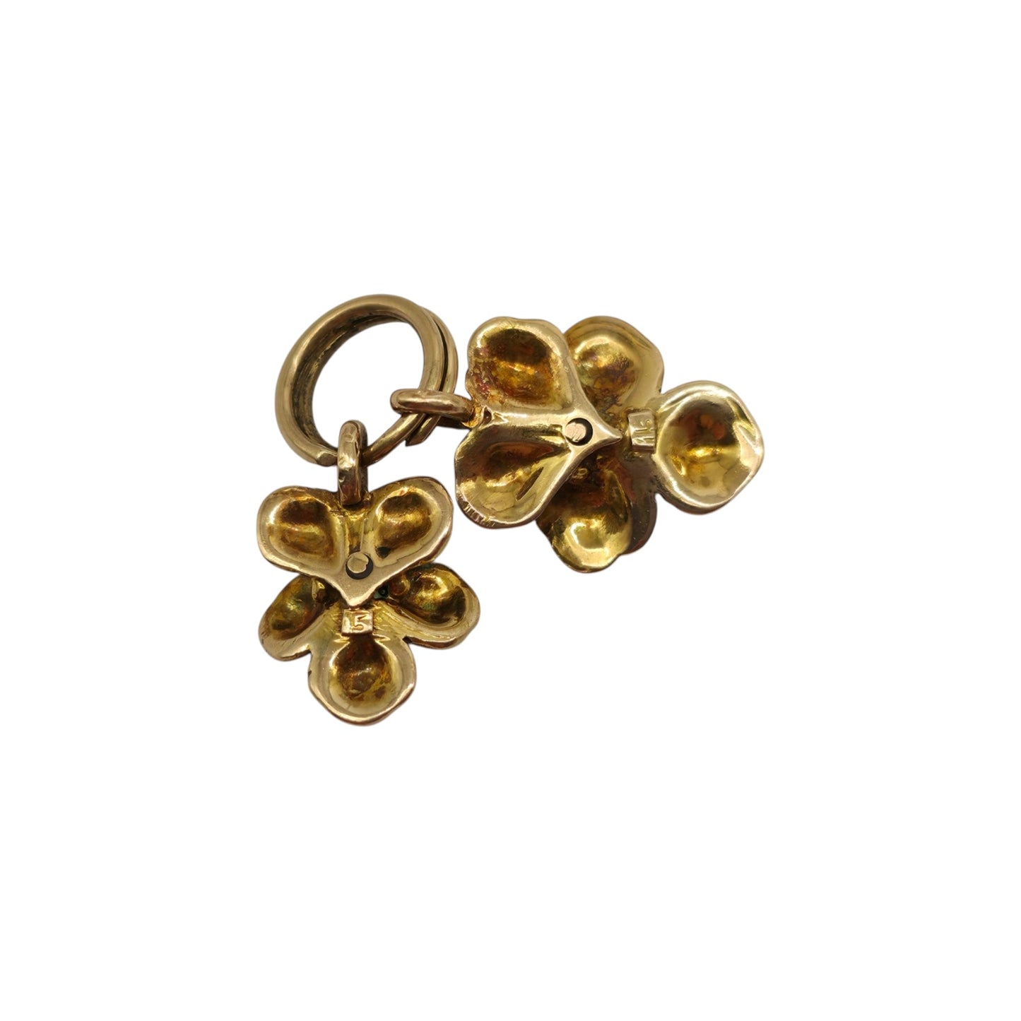 Art Nouveau Pair Of 15ct Gold & Enamel Pansy Flower Charms c.1900
