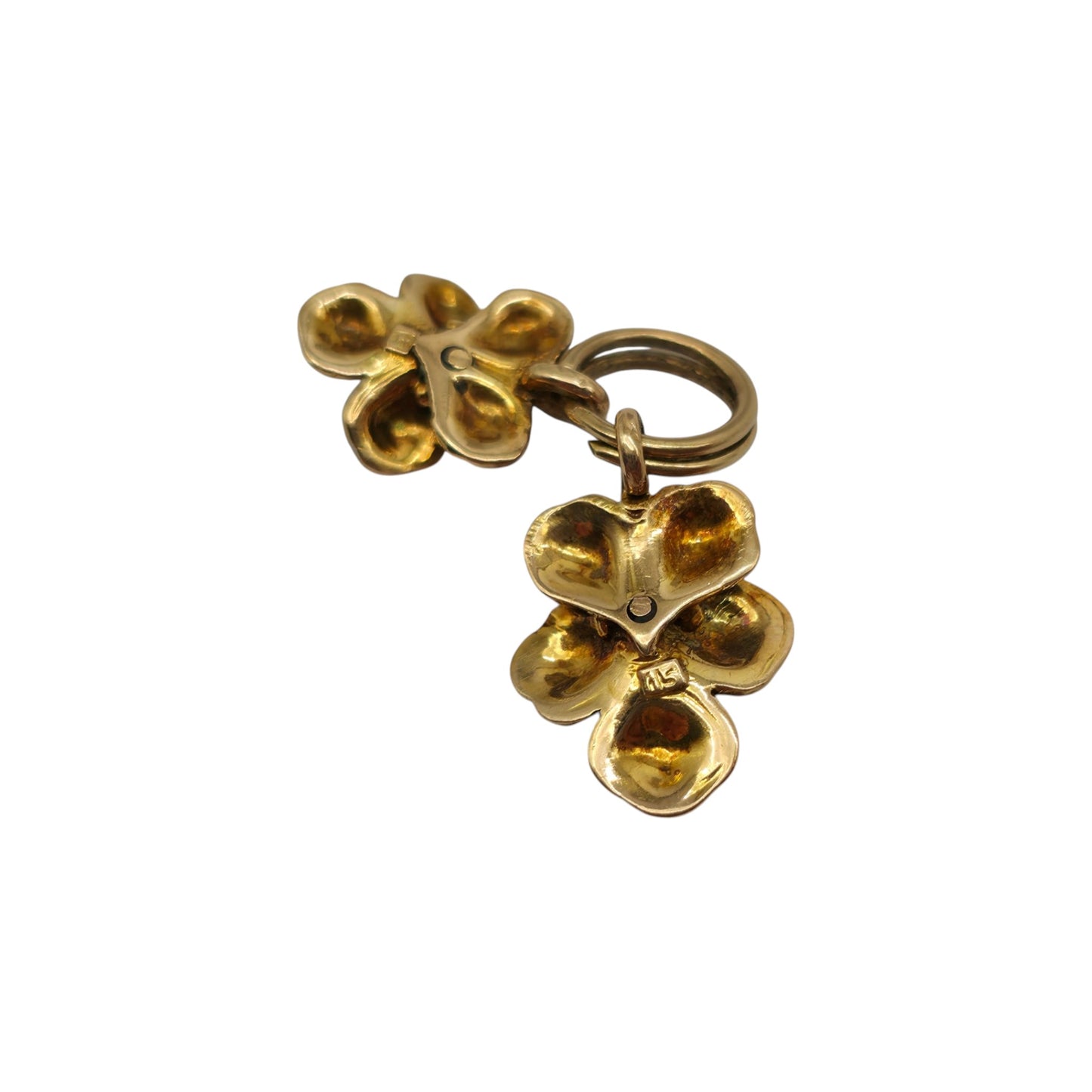 Art Nouveau Pair Of 15ct Gold & Enamel Pansy Flower Charms c.1900