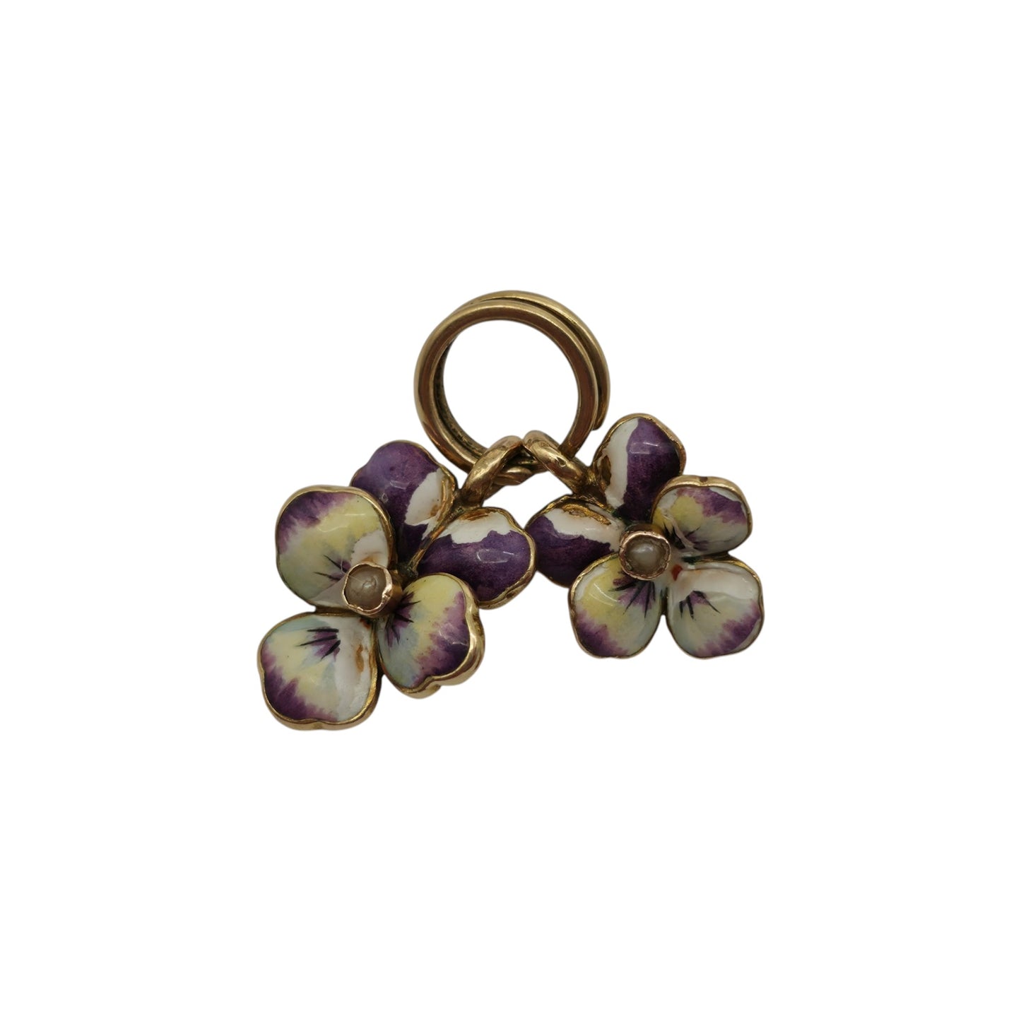 Art Nouveau Pair Of 15ct Gold & Enamel Pansy Flower Charms c.1900