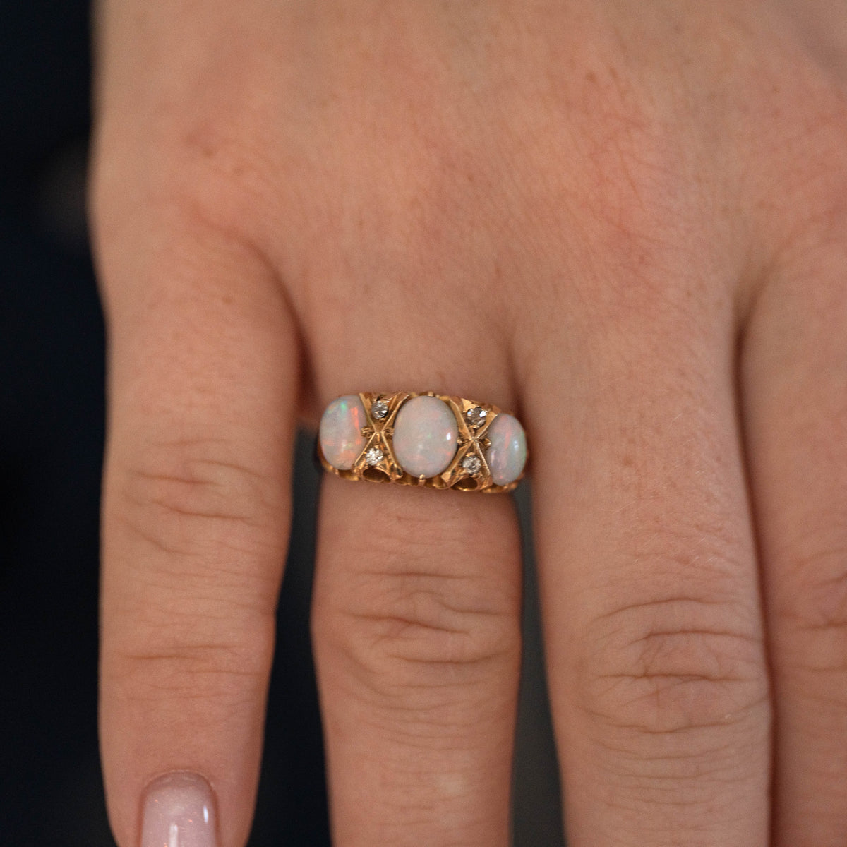 Edwardian 18ct Yellow Gold Opals & Diamonds Ring 1903 Size K 4.1 g