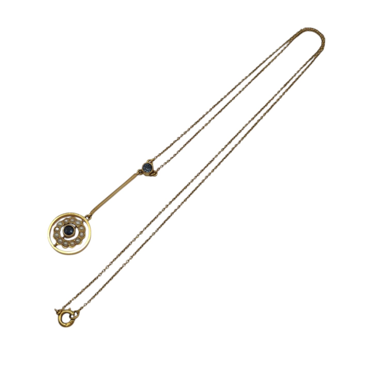 エドワーディアン 9金製イエローゴールドネックレス サファイアとパール付 長さ39.8cm 2.3g。