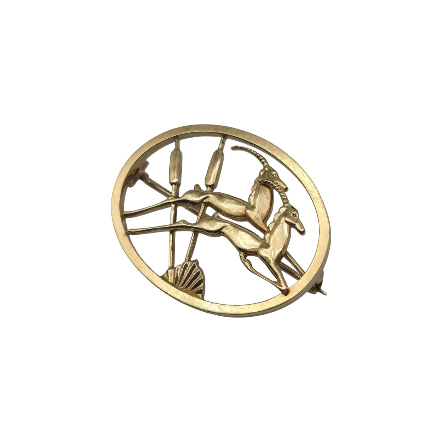 Geoffrey G Bellamy 9ct 375 Yellow Gold Leaping Gazelles Brooch 1963 L 4.2 cm 12.1 g.