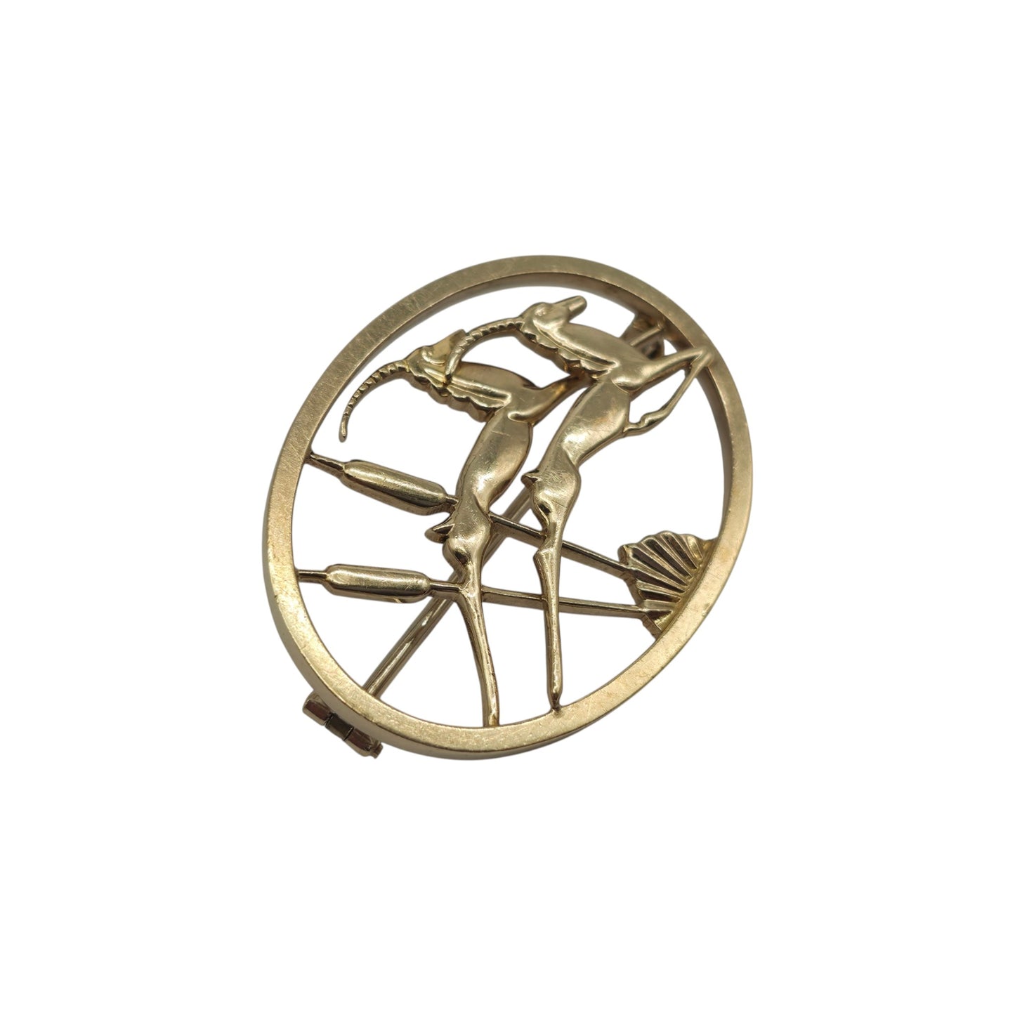 Geoffrey G Bellamy 9ct 375 Yellow Gold Leaping Gazelles Brooch 1963 L 4.2 cm 12.1 g.