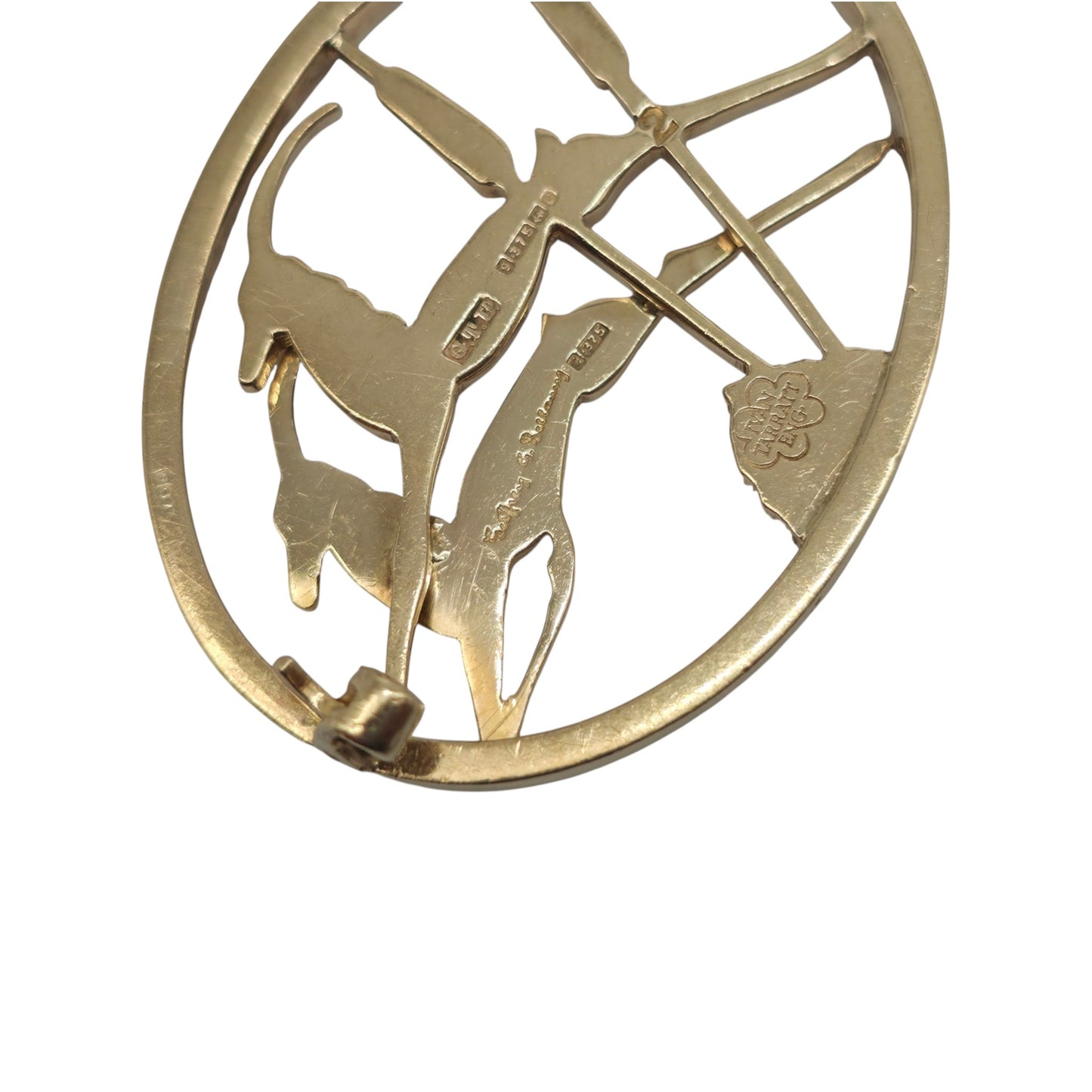 Geoffrey G Bellamy 9ct 375 Yellow Gold Leaping Gazelles Brooch 1963 L 4.2 cm 12.1 g.