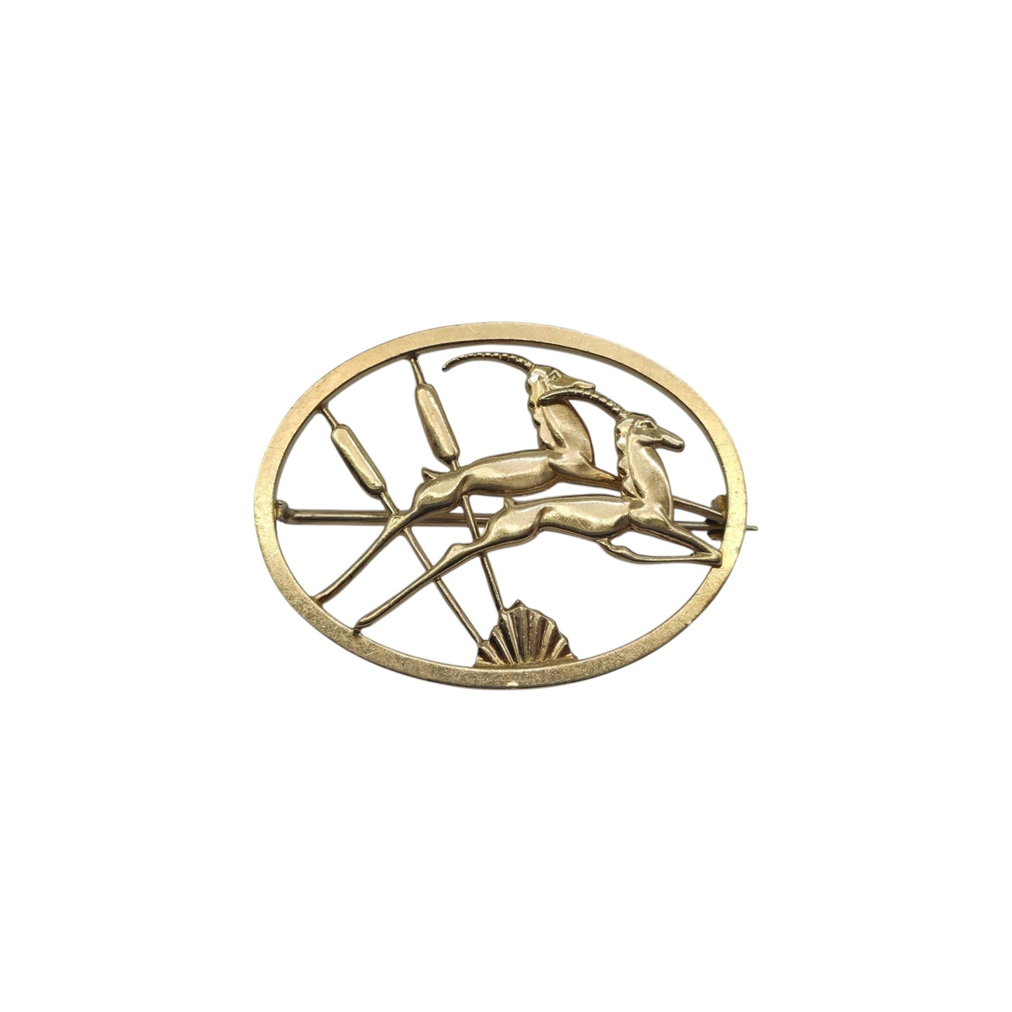 Geoffrey G Bellamy 9ct 375 Yellow Gold Leaping Gazelles Brooch 1963 L 4.2 cm 12.1 g.