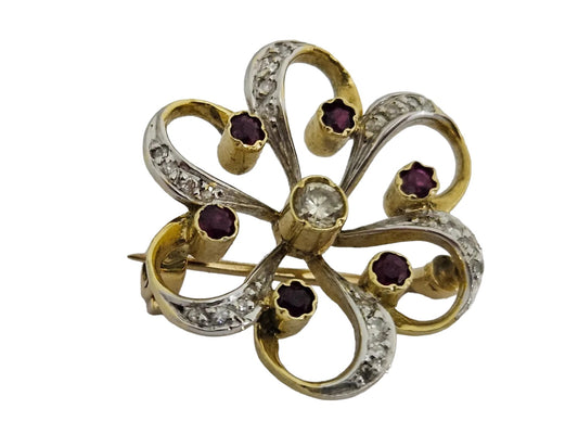 18ct 750 Yellow & White Gold Brooch with Diamonds & Ruby 1977 L 2.4 cm 5.3 g